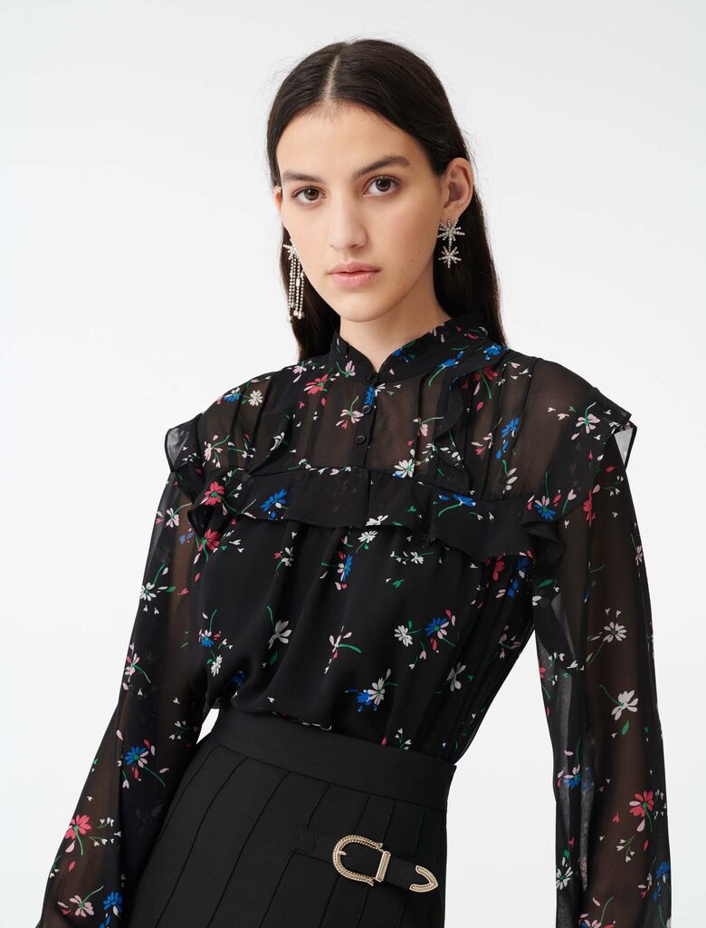 BLACK CHIFFON TOP WITH FLORAL PRINT