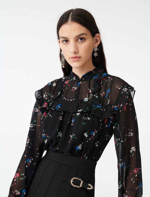Schwarzes Chiffon -Top mit Blumendruck