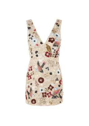 Mini-robe de plongeage de paillettes beige