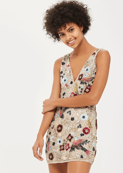 BEIGE SEQUIN PLUNGE MINI DRESS