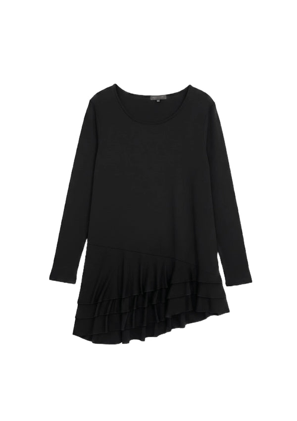 BLACK ASYMMETRIC RUFFLE DRESS