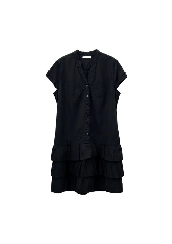 BLACK BUTTON-DOWN RUFFLE DRESS