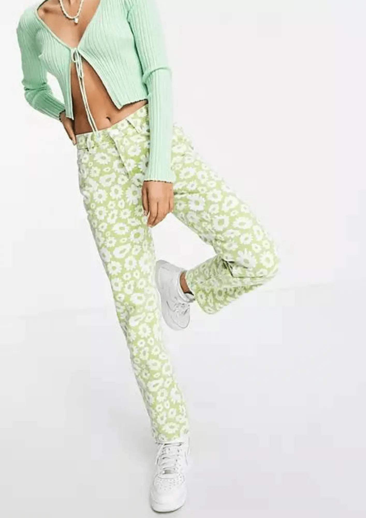 Pantalon en denim floral vert