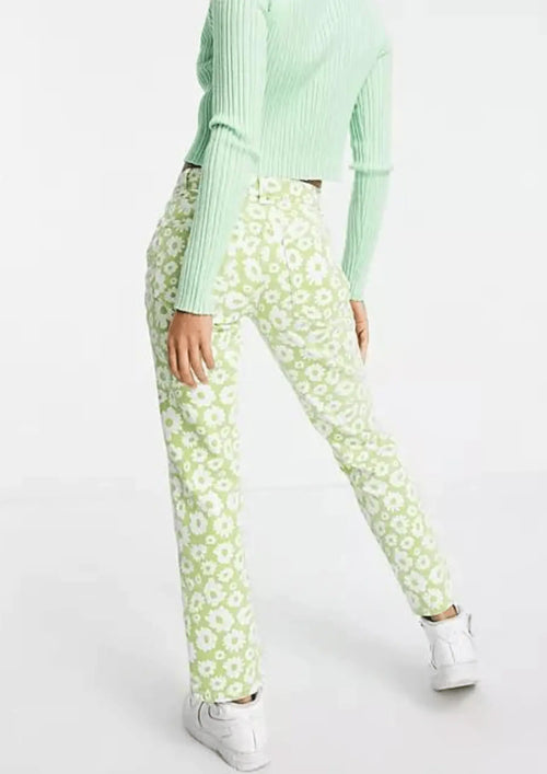 GREEN FLORAL DENIM TROUSERS