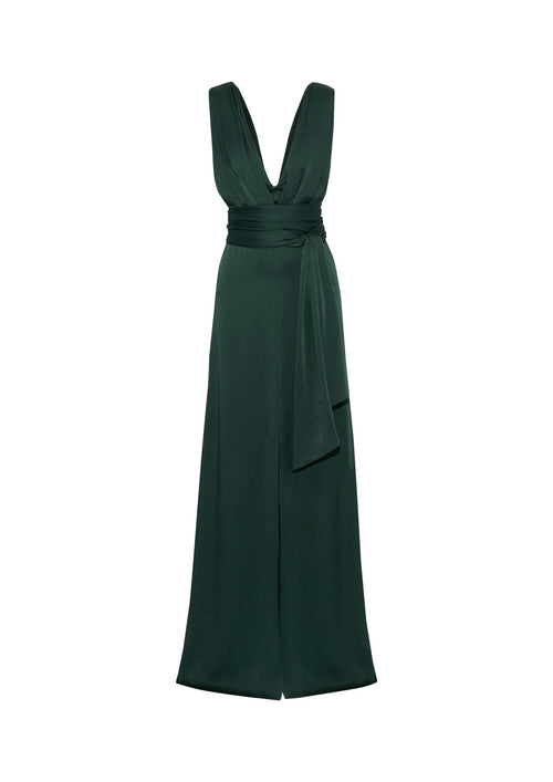 Robe satinée drapée verte forêt