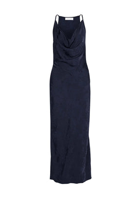 NAVY DRAPED SATIN DRESS