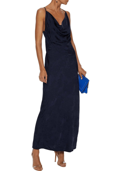 NAVY DRAPED SATIN DRESS