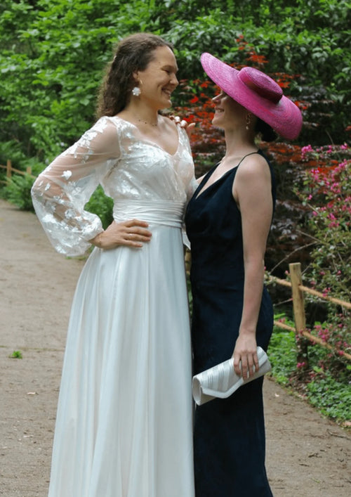 NAVY DRAPED SATIN DRESS