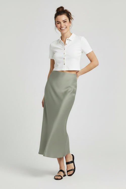 JUPE MIDI EN SATIN VERT