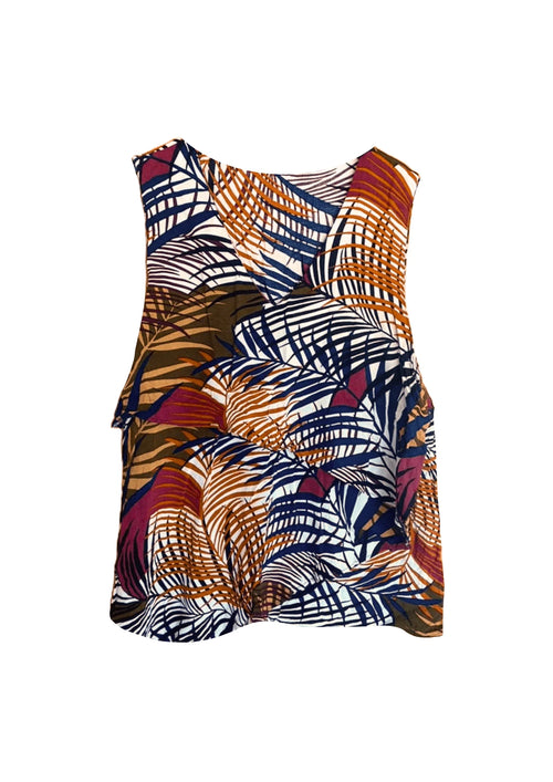 BROWN PRINTED RUFFLED TANK TOP