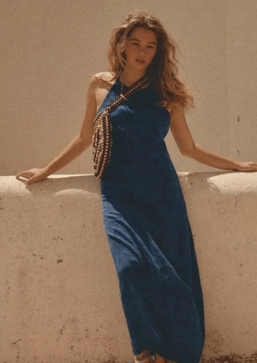 DENIM LINEN BEADED MAXI DRESS