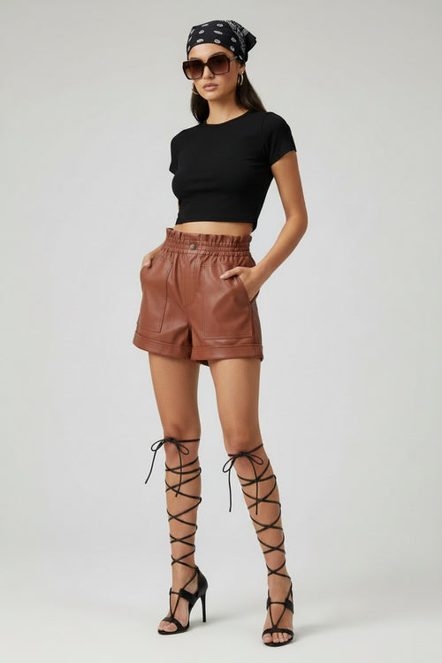 BROWN FAUX LEATHER  SHORTS