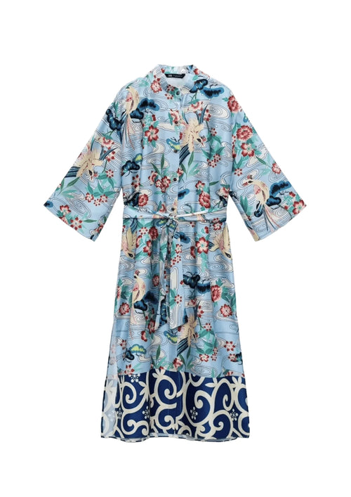 ROBE KIMONO IMPRIMÉE BLEUE