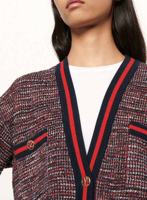 TWEED-EFFECT CARDIGAN WITH STRIPED TRIMS - RED - codressing
