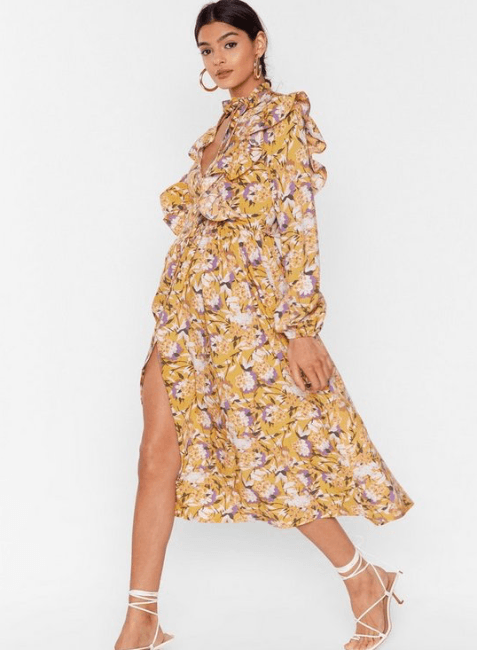 FLORAL BUTTON-DOWN MIDI DRESS - YELLOW - codressing