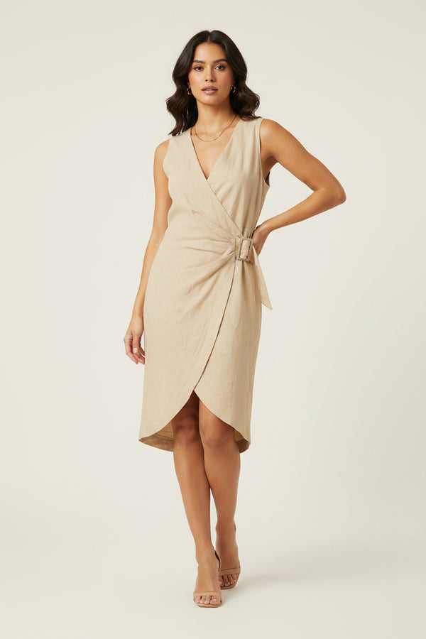 BEIGE LINEN MIDI DRESS