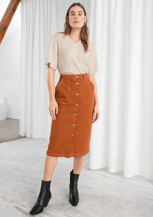 MID RISE DENIM MIDI SKIRT