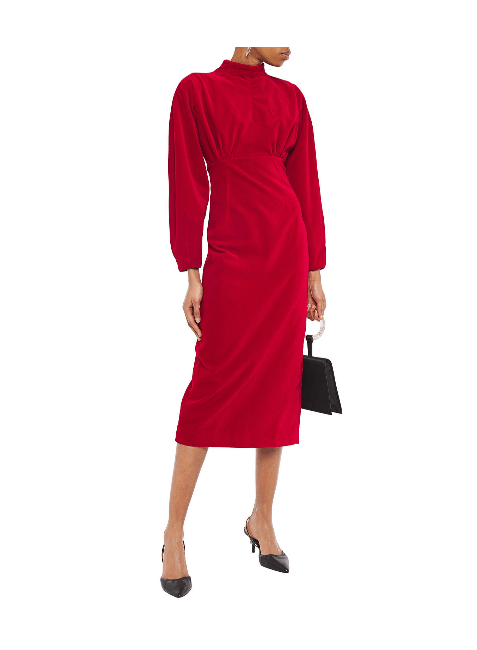RED OPEN-BACK VELVET MIDI DRESS