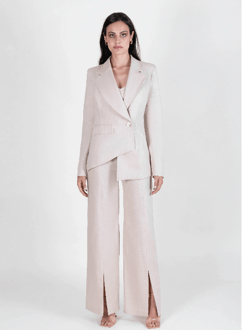 ASYMETRIC LINEN BLAZER IN BEIGE WITH CUT OUT DETAIL - codressing