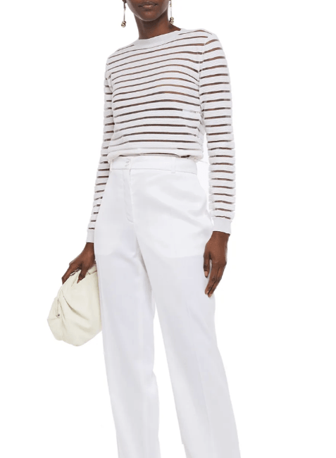 WHITE MESH-TRIMMED KNITTED SWEATER
