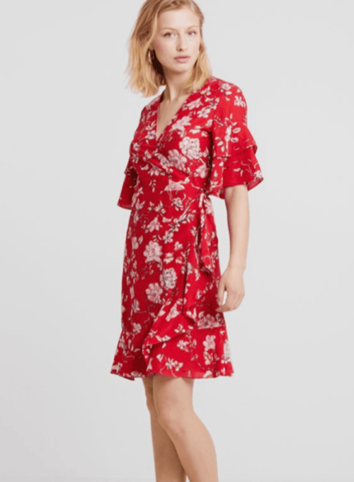 RED FLORAL WRAP-OVER DRESS