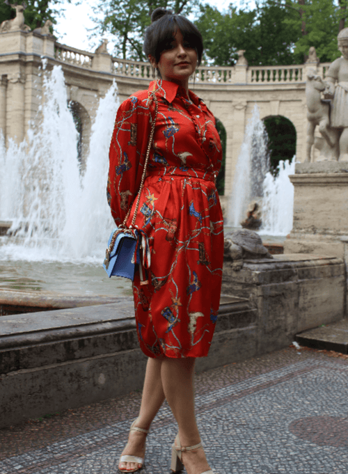 RED BELTED PRINTED SHIRT DRESS