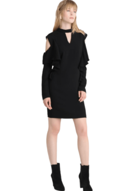 Schwarzes Mini -Kleid mit nackten Schultern