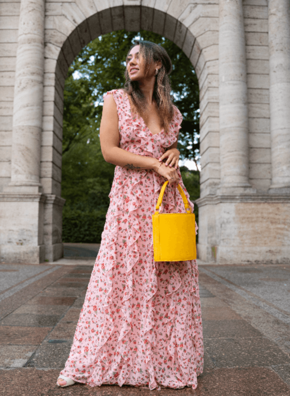 FLORAL PRINTED LONG DRESS WITH VOLANTS - PINK - codressing