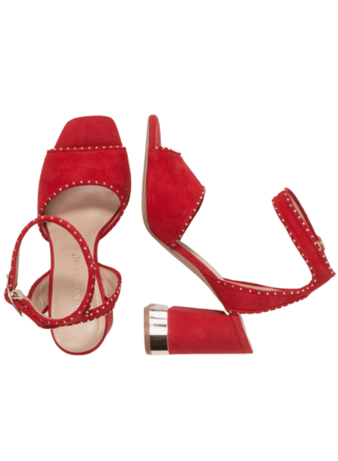 RED HIGH-HEELED SANDALS WITH RIVET DECOR