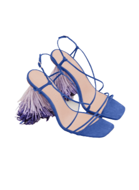Blaue Sandalen mit hohem Heell mit Pompom